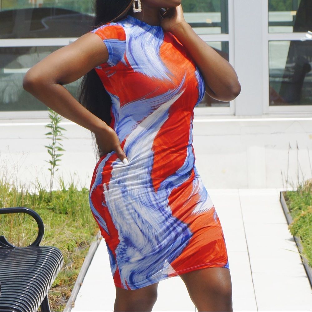 Brush stroke bodycon dress. Blue dress red dress. 4th of July dress